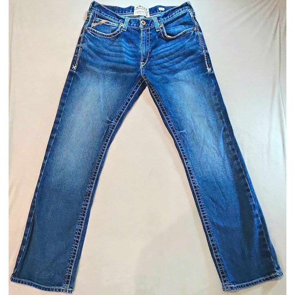 Ariat Men's Straight Fit Blue Denim Jeans Medium Wash 5-Pocket Button Zip 34x34